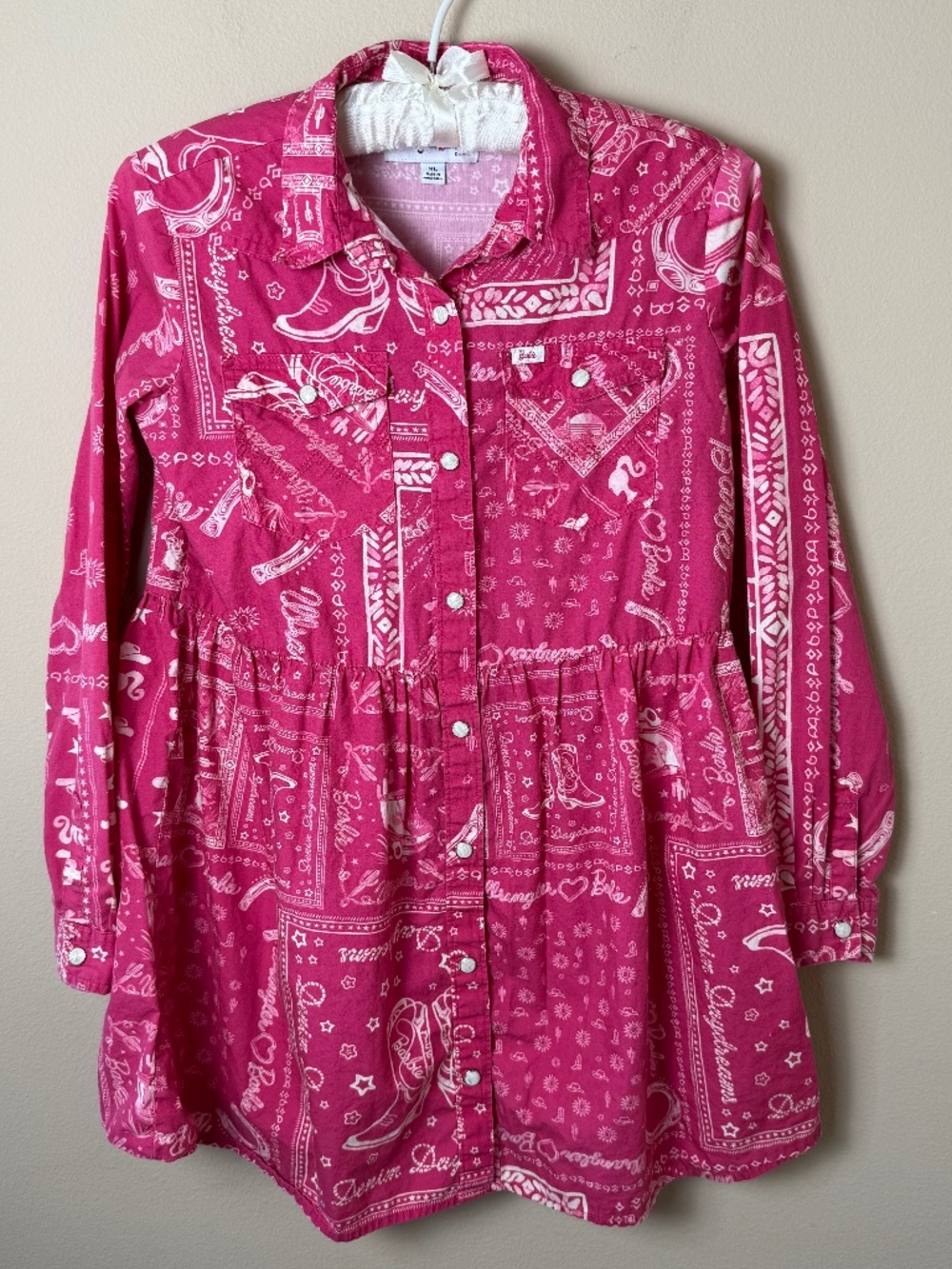 Wrangler x Barbie Bandana Shirt Dress Girls XL Pink Western Cowgirl Pearl Snap